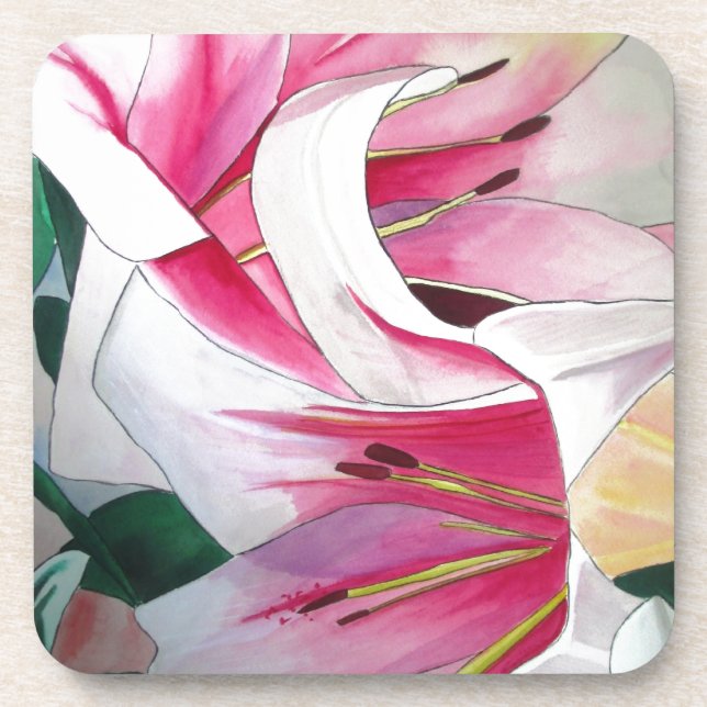 Posavasos Flor de flores de lirio blanco y rosa acuarela art (Frente)