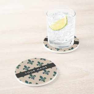 Posavasos Flor de Lis, Verde sobre Beige, Real, Tu Nombre