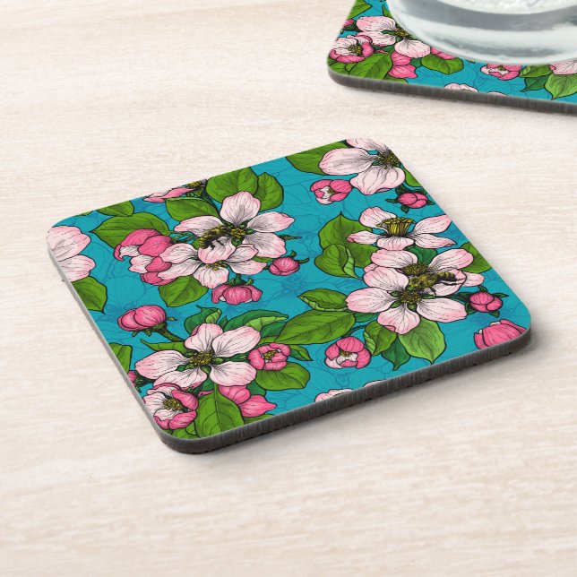 Posavasos Flor de manzana sobre turquesa (Lado Izquierdo)