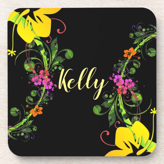 Posavasos Flor hibiscus floral tropical floral amarillo rosa (Frente)