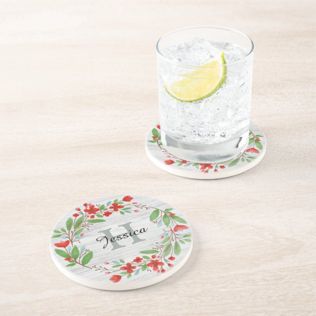 Posavasos Flor Roja Wreath Rustic Personalizada (Lado)