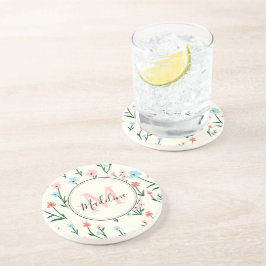 Posavasos Flor suave marfil blanco elegante Monograma rosa