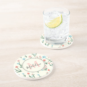 Posavasos Flor suave marfil blanco elegante Monograma rosa