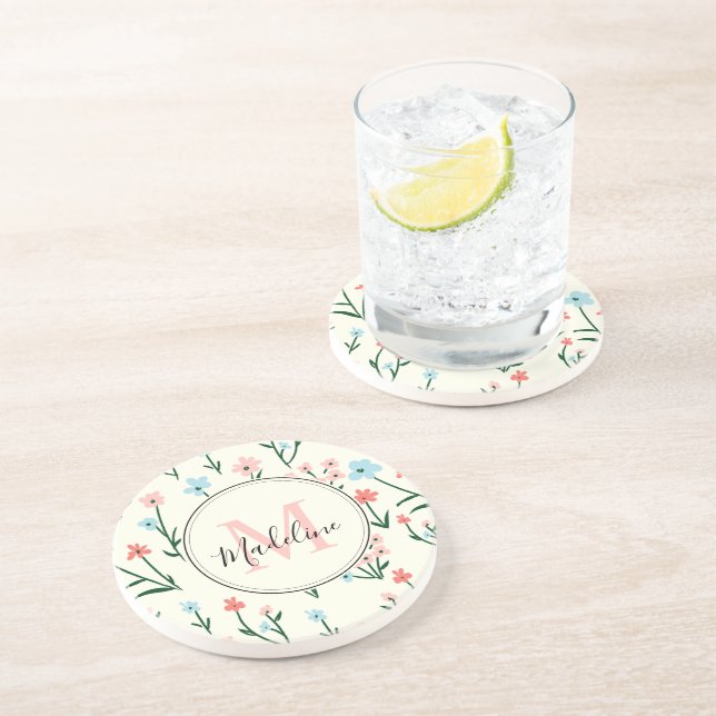 Posavasos Flor suave marfil blanco elegante Monograma rosa (Lado)