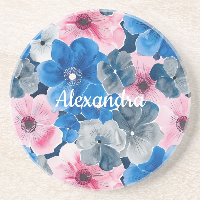 Posavasos Floral azul rosa de moda (Frente)