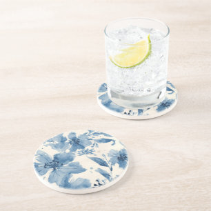 Posavasos Floral de Acuarela Azul Pintado Botánico Caprichos