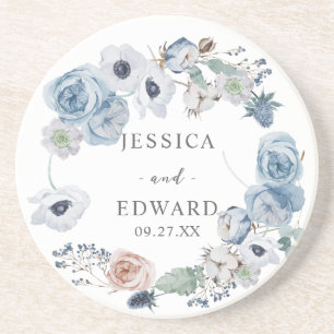 Posavasos Floral de Boda Rústico Azul Dusty