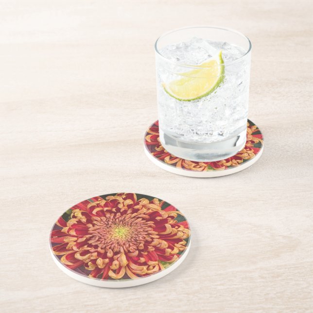 Posavasos Floral de crisantemo rojo y amarillo (Lado)