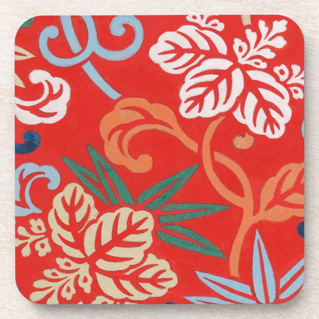 Posavasos Floral de diseño de kimono japonés rojo hawaiano (Frente)