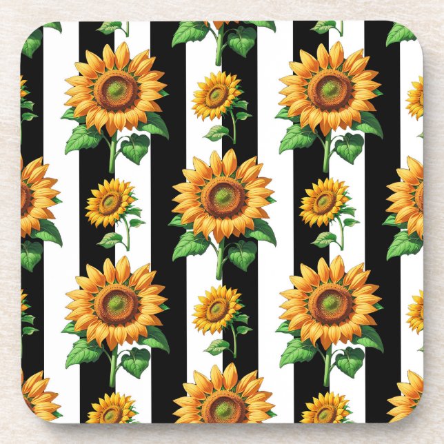 Posavasos Floral de girasol franjas blancas negras (Frente)