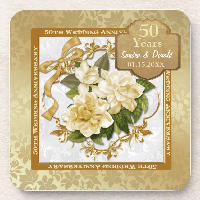 Posavasos Floral Gold 50° aniversario Boda (Frente)