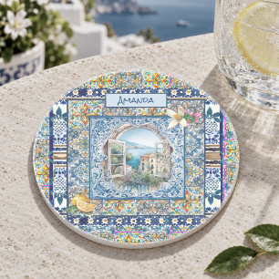 Posavasos floral italiano de verano baldosas azules cítrico 