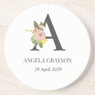 Posavasos Floral Monogram Letter A Custom Name and Date 