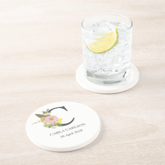 Posavasos Floral Monogram Letter C Custom Name and Date 