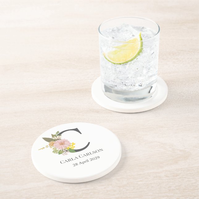Posavasos Floral Monogram Letter C Custom Name and Date  (Lado)