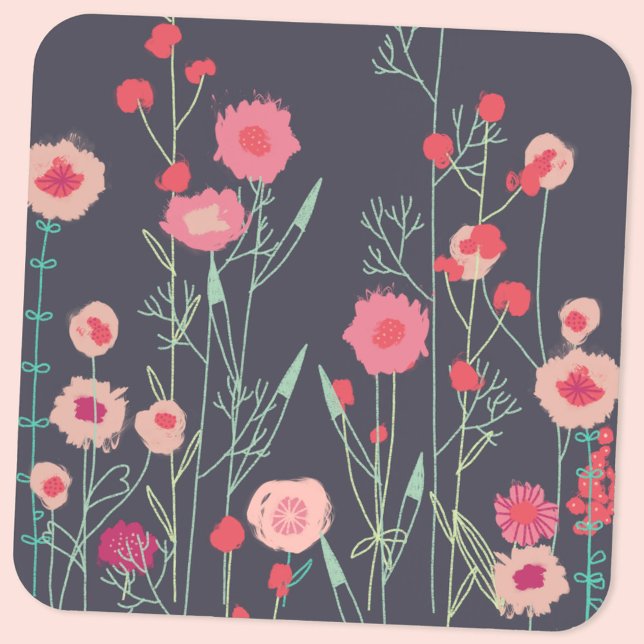 Posavasos Floral oscura (Boho floral pink and charcoal gray coaster)