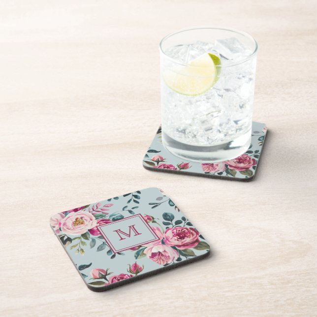 Posavasos Floral Rosa Polvorienta Grandmillennial Monograma  (Lado Derecho)