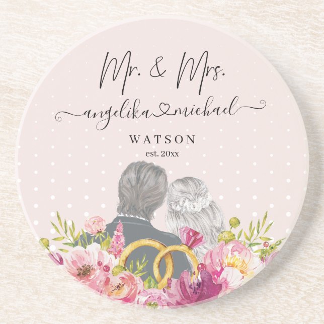 Posavasos Floral Rubor Peonies Trendy Script Mr. y Mrs. (Frente)