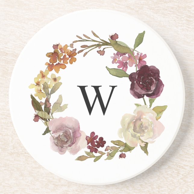 Posavasos Floral Watercolor Wreath Monogram White (Frente)