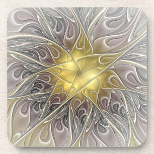 Posavasos Florecer con flor abstracta moderna fractal dorada