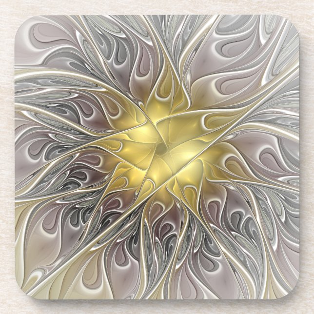 Posavasos Florecer con flor abstracta moderna fractal dorada (Frente)