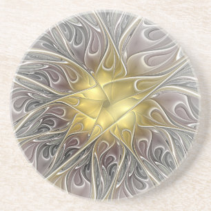 Posavasos Florecer con flor fractal abstracta moderna dorada
