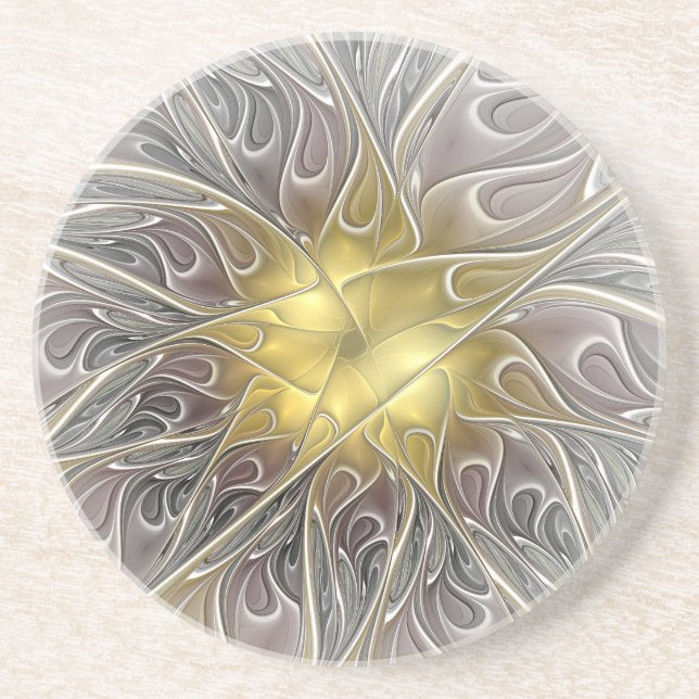 Posavasos Florecer con flor fractal abstracta moderna dorada (Frente)
