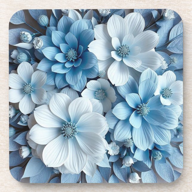Posavasos Flores 3D azules y blancas (Frente)