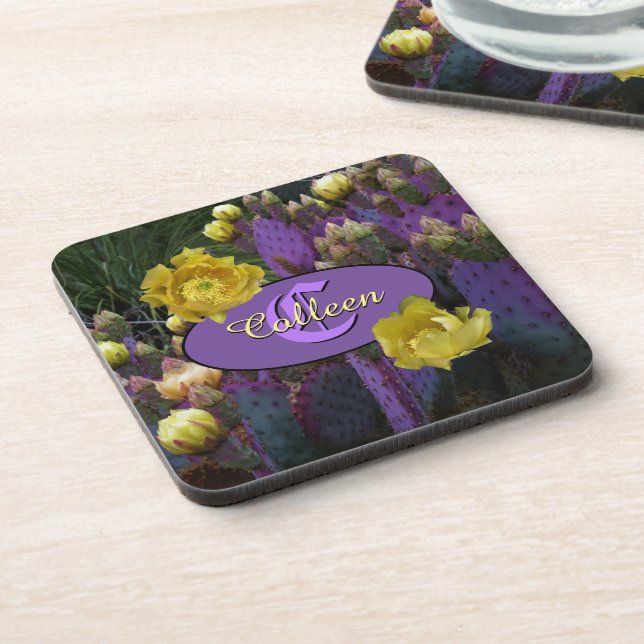 Posavasos Flores amarillas de cactus púrpura monograma perso (Lado Izquierdo)