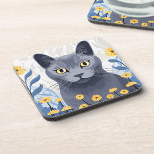 Posavasos Flores amarillas de gato azul ruso