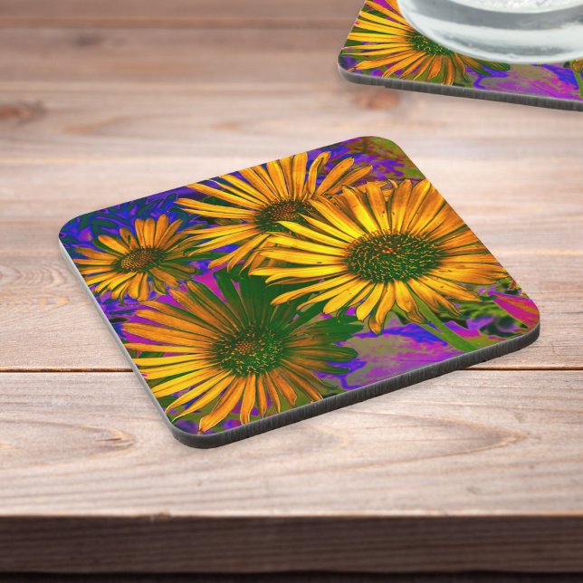 Posavasos Flores Amarillas Elegante Art Floral Bonito modern (A stylish drinks mat coaster with vibrant design of yellow flowers with purple and magenta)