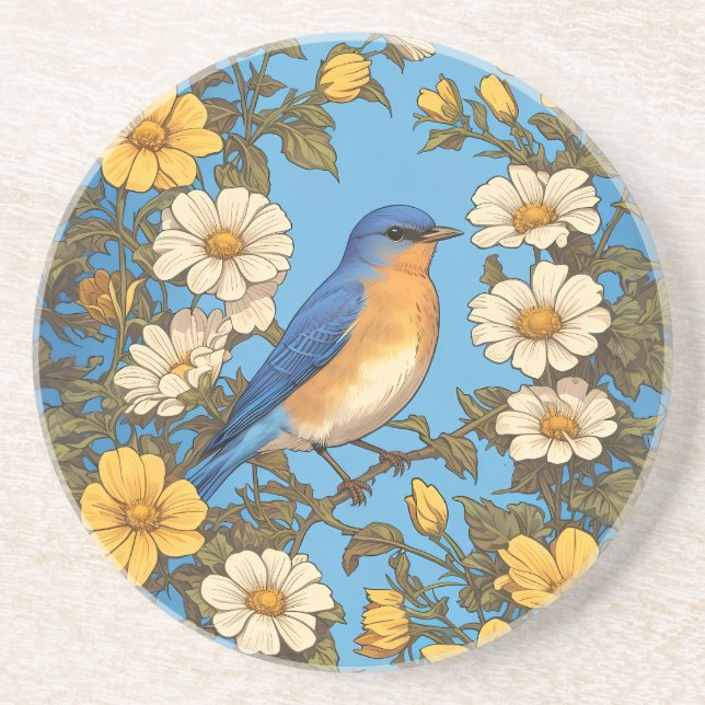 Posavasos Flores amarillas y blancas animadas del Bluebird (Frente)