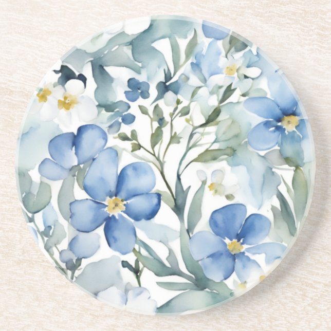 Posavasos Flores Azules Blancas Acuarela Chic (Frente)