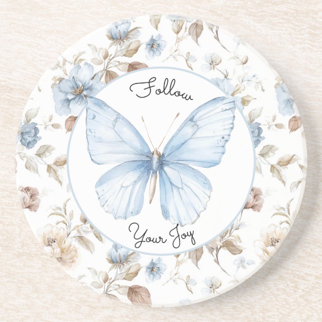 Posavasos Flores Azules Románticas Mariposa Hojas Marrones (Frente)