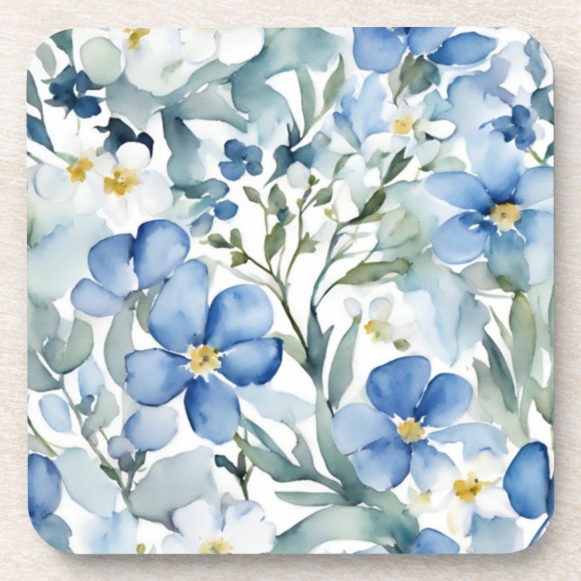 Posavasos Flores Blancas Azules Acuarela Chic (Frente)