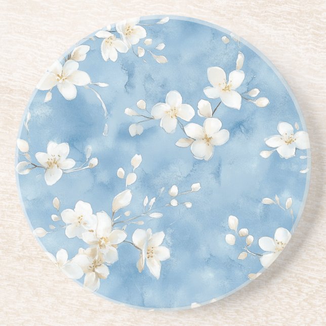 Posavasos Flores Blancas Bonitas Azul Cielo (Frente)