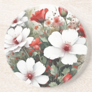 Posavasos Flores blancas y rojas Elegante acuarela
