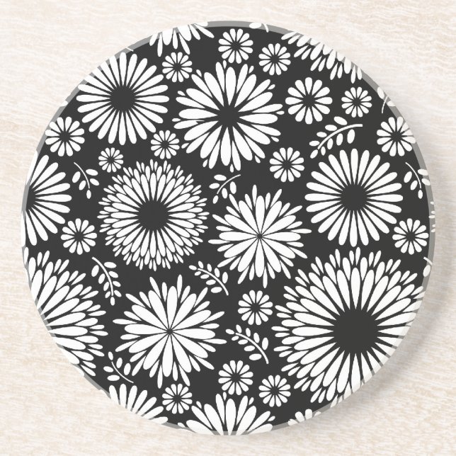 Posavasos Flores Boho Patrón floral vectorial negro y blanco (Frente)