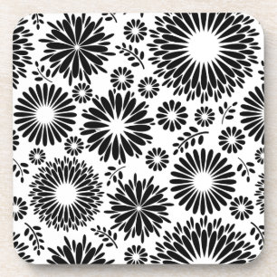 Posavasos Flores Boho Patrón floral vectorial negro y blanco