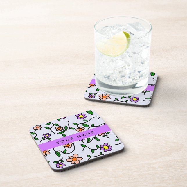 Posavasos Flores Coloridas, Fondo Azul, Morado (Lado Derecho)