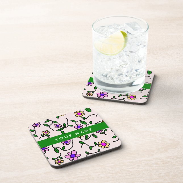 Posavasos Flores Coloridas, Fondo Rosa, Verde (Lado Derecho)