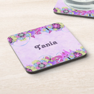 Posavasos Flores cortas y mariposas en violeta