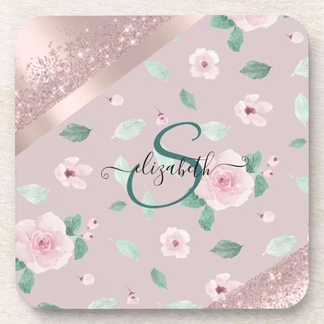 Posavasos Flores de Acuarela Monograma de Oro Rosa (Frente)