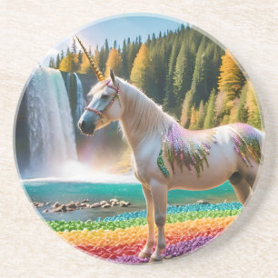 Posavasos Flores de arcoiris unicornio lago de cascada de ár