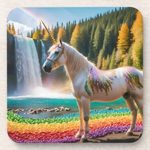 Posavasos Flores de arcoiris unicornio lago de cascada de ár