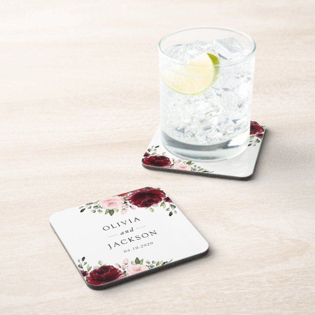 Posavasos Flores de Borgoña, flores rosas, vegetación, Boda (Lado Derecho)