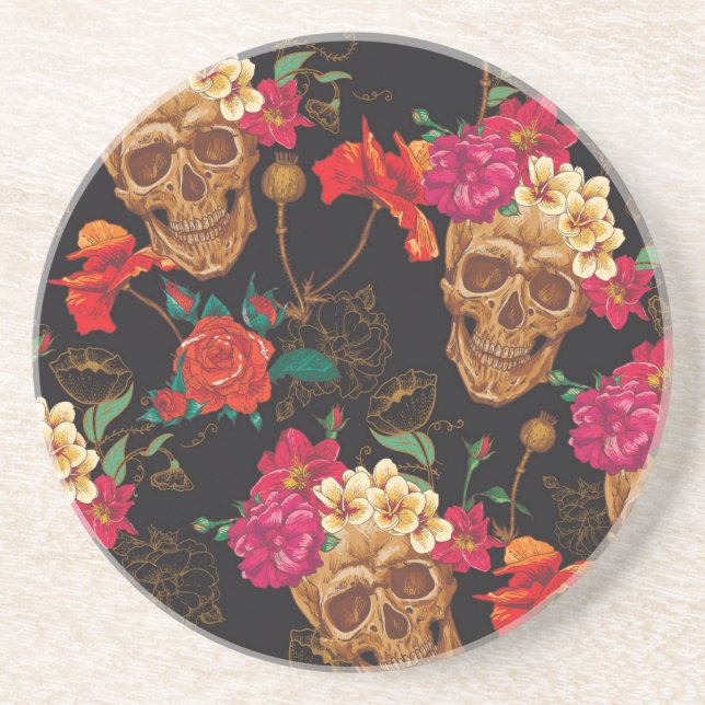 Posavasos Flores De Calavera: Fondo Oscuro Sin Marea. (Frente)