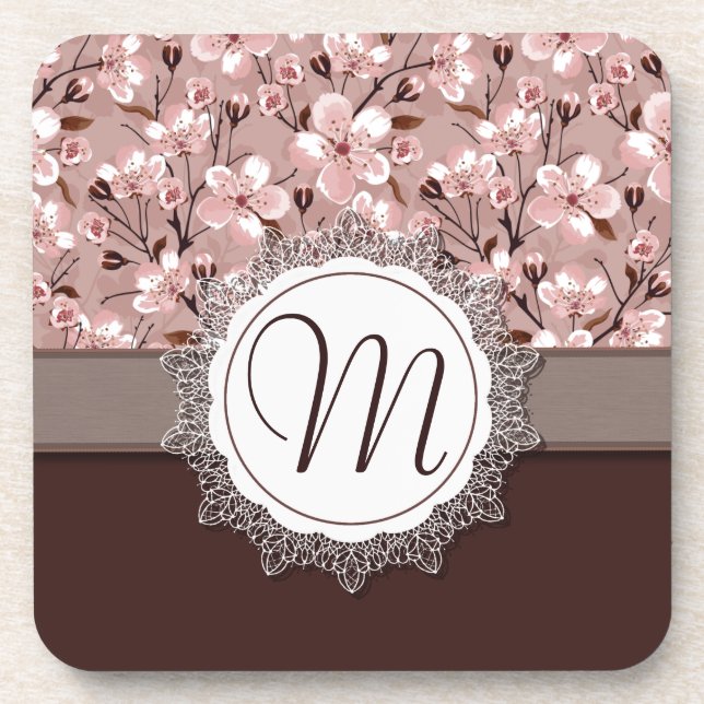 Posavasos Flores de cerezo con el monograma del cordón (Frente)