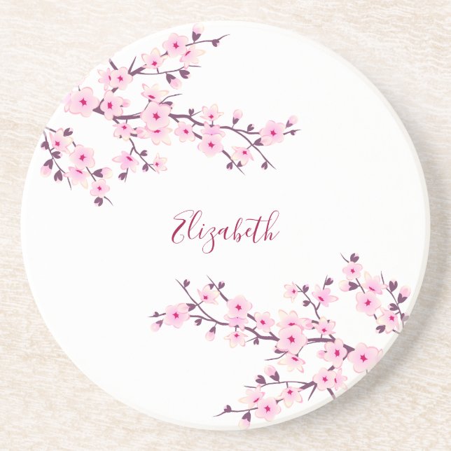 Posavasos Flores de cerezo rosadas y blancas con monograma   (Frente)