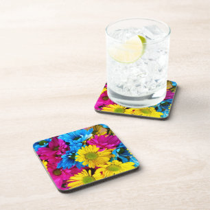 Posavasos Flores de colores, margaritas - rosa amarillo azul